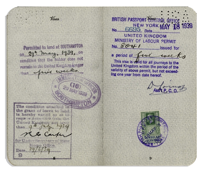 Moe Howard's Passport From 1939, Used for His Trip to the United Kingdom to Perform With The Three Stooges -- Signed Six Times, as Both Moe Howard & Moses Hurovitz